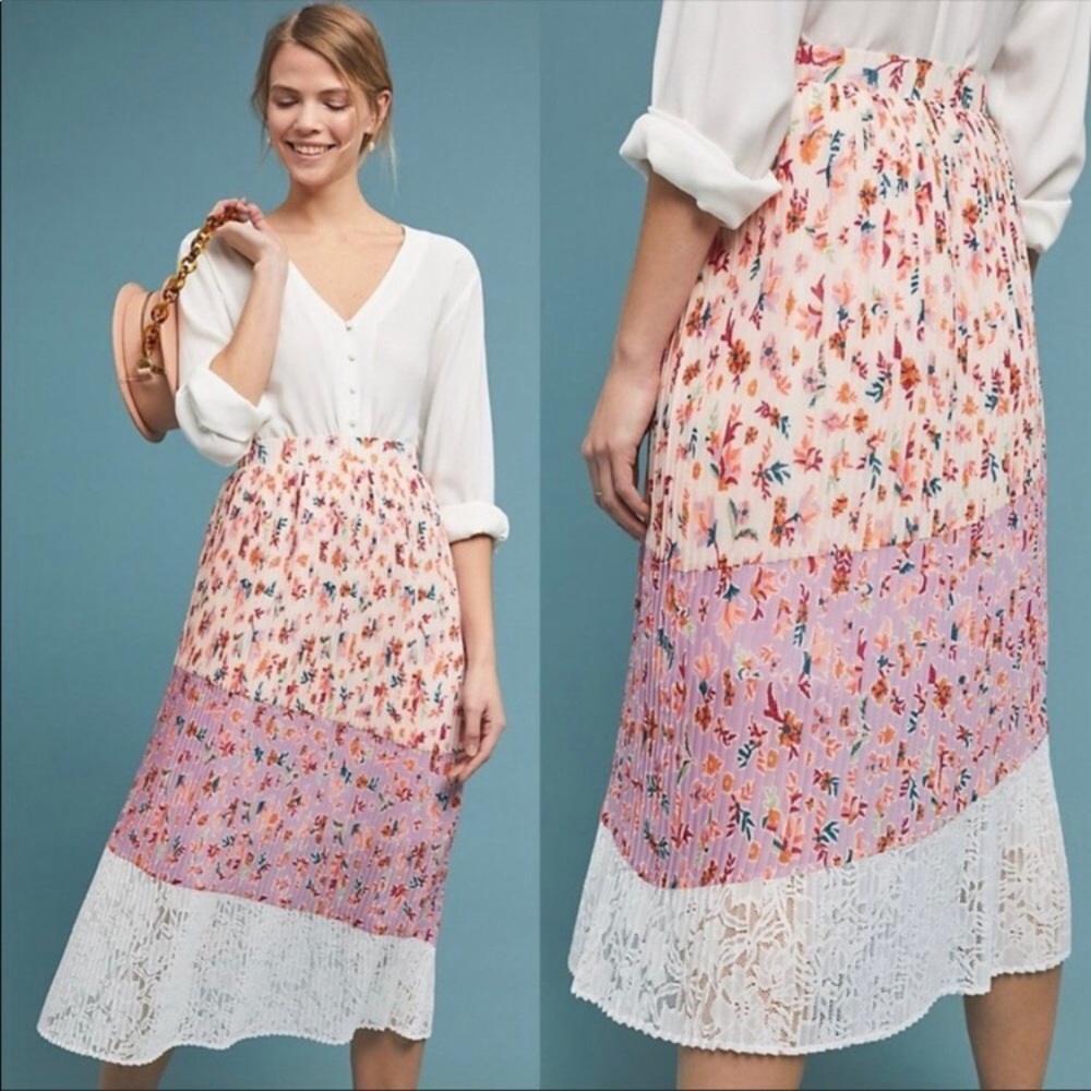 Anthropologie LAIA pleated midi skirt floral lace size medium